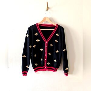 Bee Bug Embroidered Blk/Red Pearl Button Cardigan